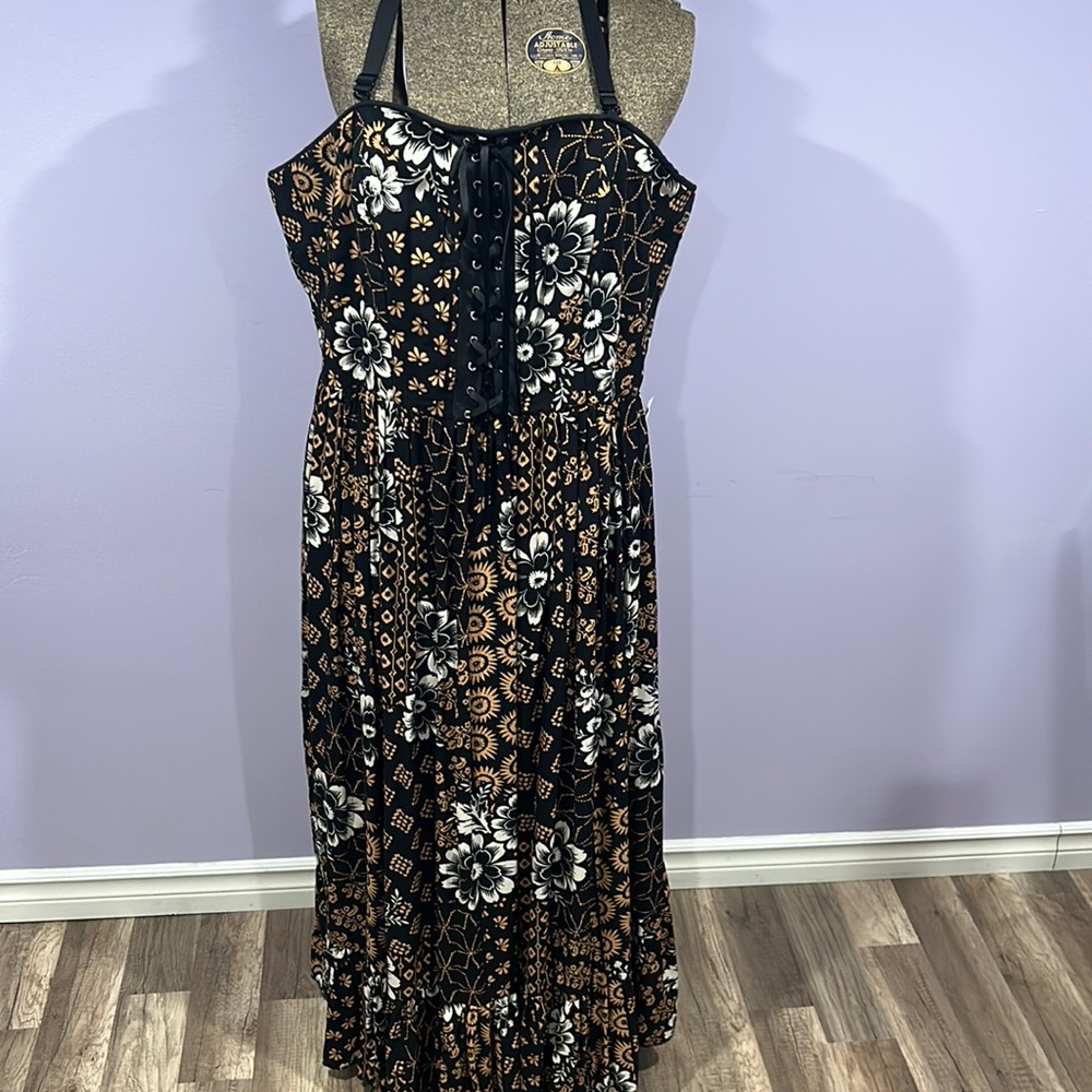 Black Floral Lace-Up Maxi Dress with Corset Bodice